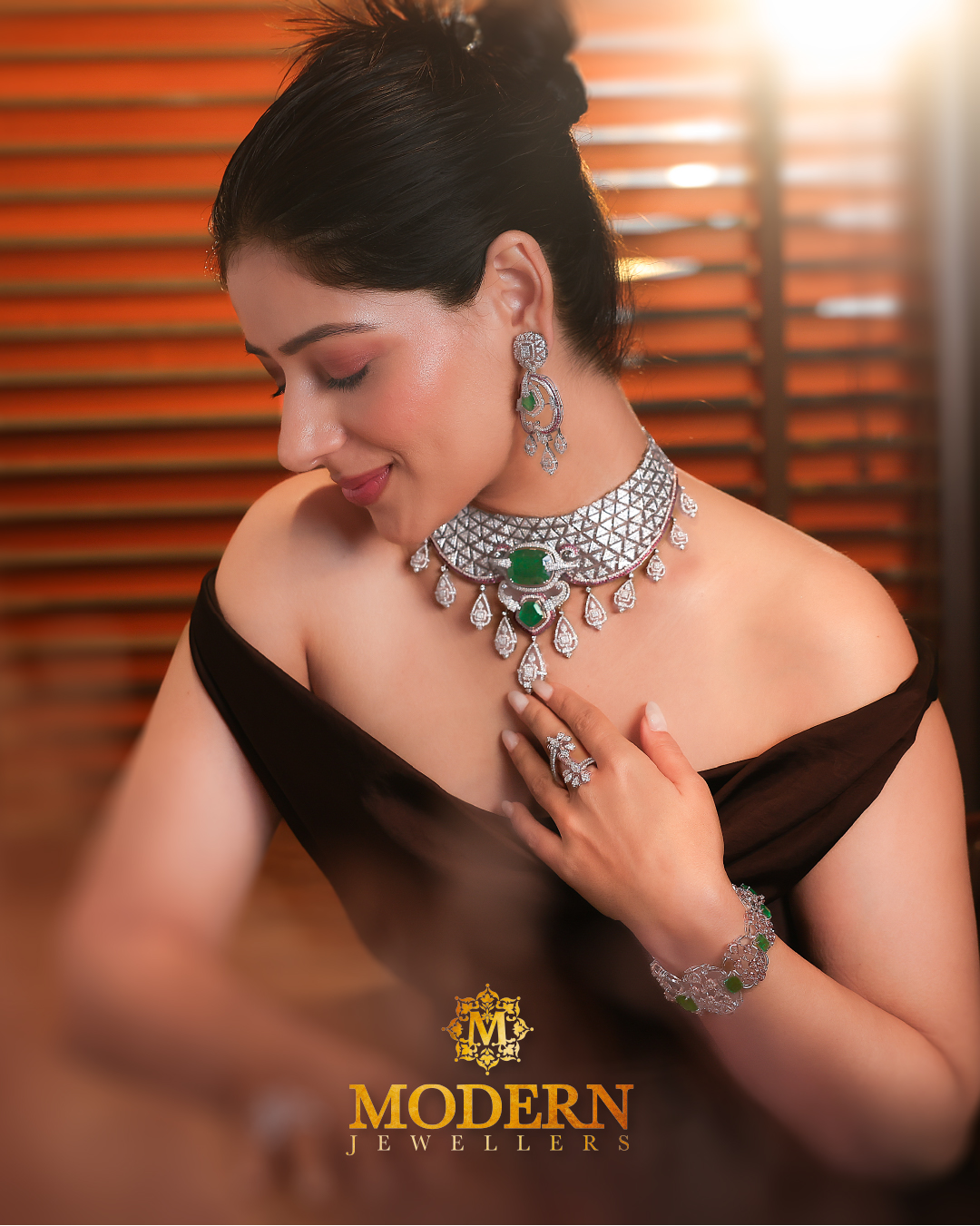 about-05 Model in pastel green dress accentuating jewelry, showcases elegance and style in a fashion setting.